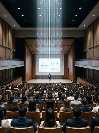 Auditorio universitario con asistentes latinoamericanos atentos a ponente en escenario, simposio de IA educativa