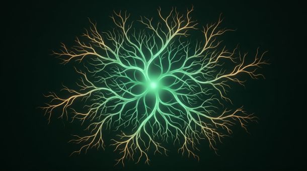 Red de ramificaciones orgánicas de luz verde-teal sobre fondo oscuro, portada del libro Aprendizaje ecológico transformador sobre educación sostenible en América Latina