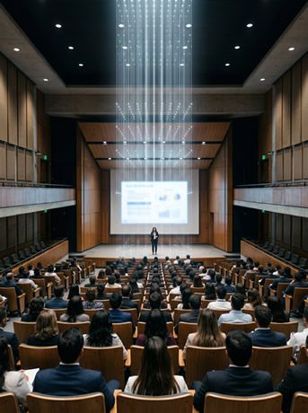 Auditorio universitario con asistentes latinoamericanos atentos a ponente en escenario, simposio de IA educativa