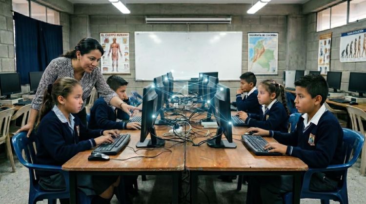 Grupo de educadores latinoamericanos en conversación en un aula universitaria, HUB de Innovación Educativa con IA