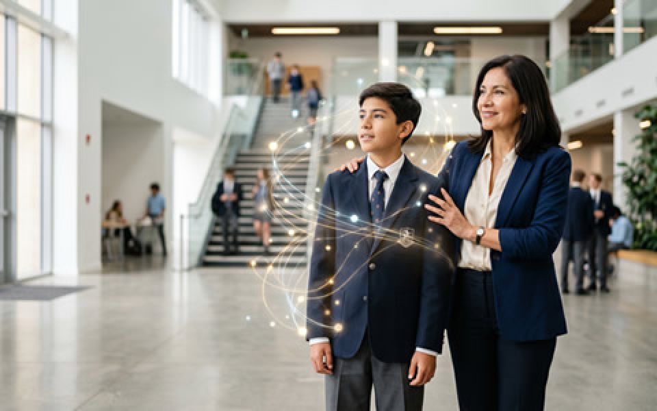 Directiva acompañando a estudiante de colegio en espacio institucional, formación en IA para instituciones educativas
