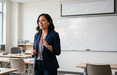 Docente latinoamericana explicando frente a una pizarra en aula universitaria, sección Formación del HUB