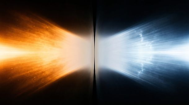 Dos campos de luz cálida y fría enfrentados en el centro sin que ninguno domine, portada del artículo sobre enfoques pedagógicos frente a la inteligencia artificial